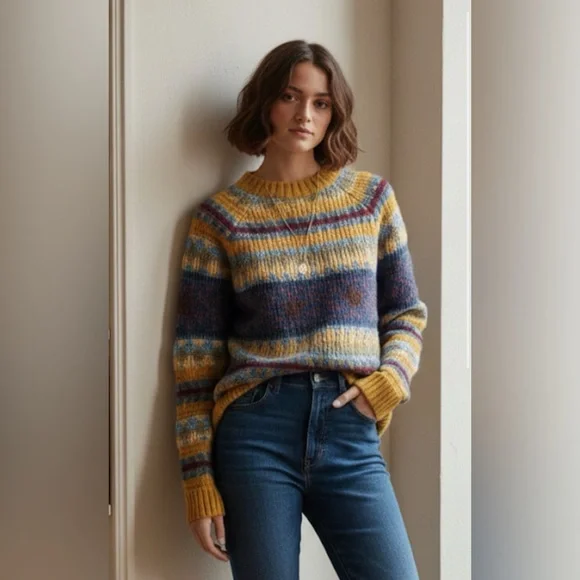 Acne Studios $470 Wool alpaca Yellow Multi-Stripe Jacquard Knit Crewneck Sweater - Picture 7 of 16